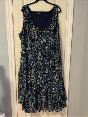 Catherines Navy Floral Midi Dress with Blue & Green Accents